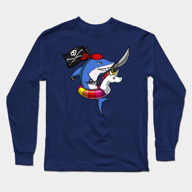 Shark Pirate Riding Unicorn Float Pool Party Long Sleeve T-Shirt by underheaven